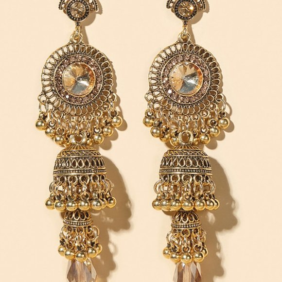 Gold boho earrings INDIAN JHUMKA RHINESTONE LONG BOHO PRETTY PARTY GIFT GLAM - Picture 2 of 2